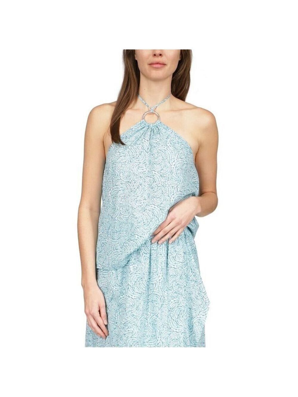 MICHAEL KORS Womens Teal Sheer Printed Sleeveless Halter Top Petites Large P/L